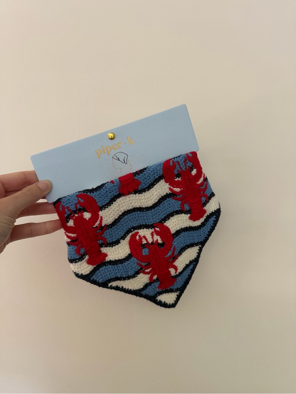Piper Knit Bandana Bib in Blue, Red and White with Lobster Pattern